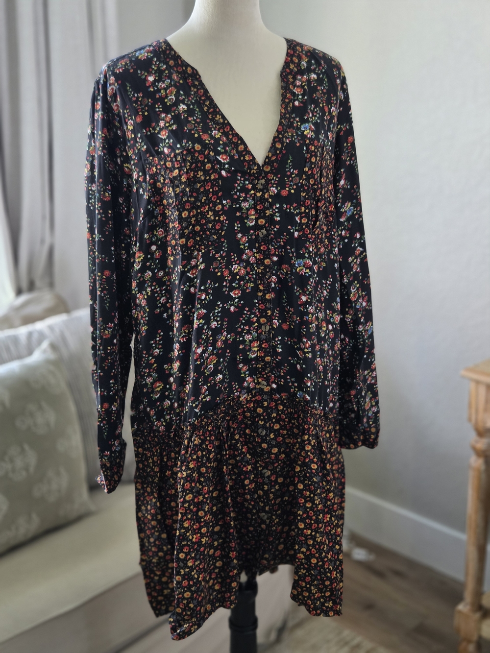 Anthropologie Black Multicolor Floral Long-Sleeve Dress